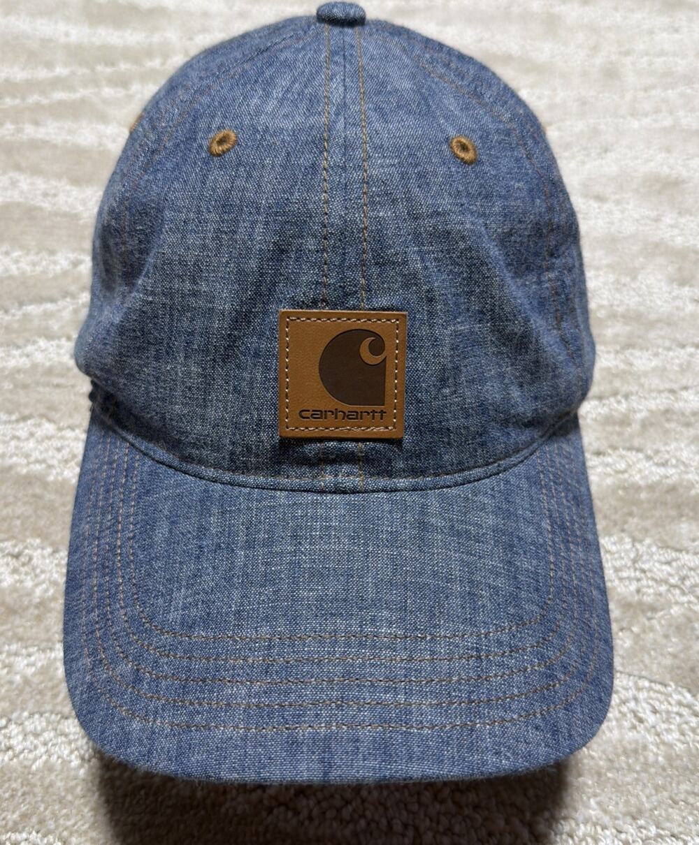 Carhartt Denim Dad Hat Cap Blue Adjustable Leather Logo Patch 100% Cotton